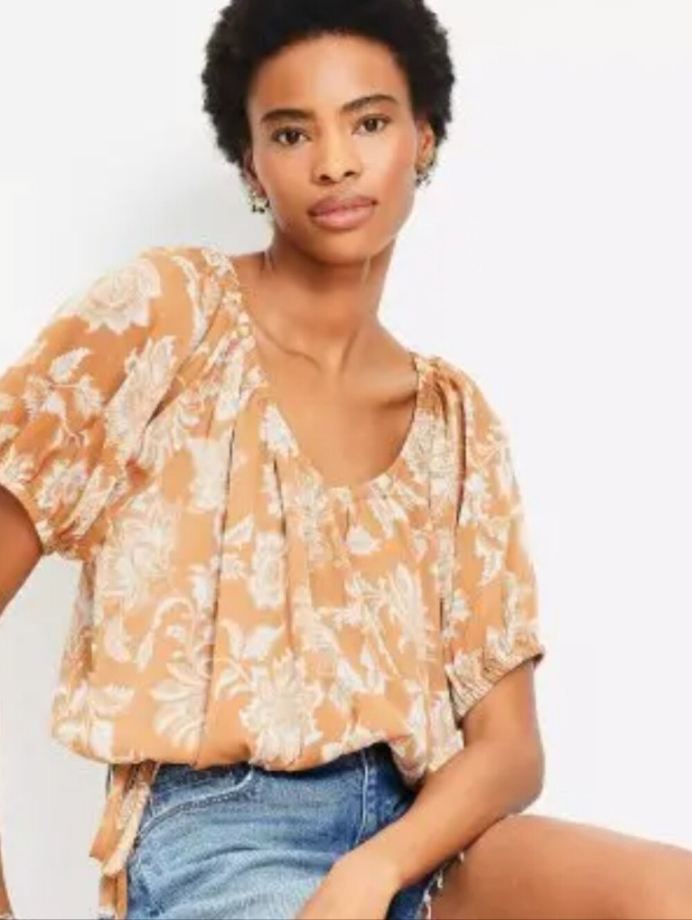 LOFT Tan & White Floral Chiffon Peasant Style Blouse - Picture 10 of 10